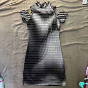 Striped mini dress turtleneck/open shoulders